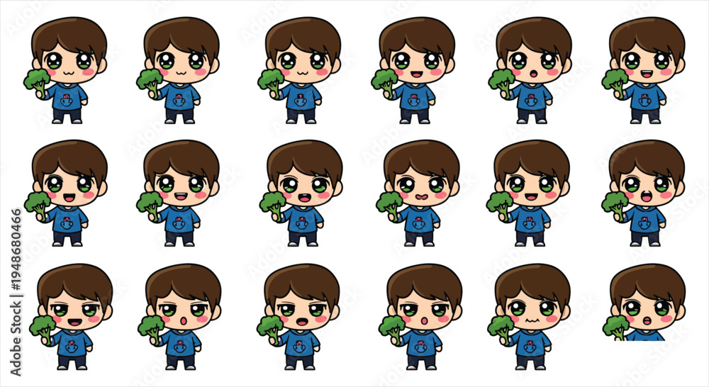 Obraz premium Cute Magic Boy Character Emote Sticker Set, Kawaii Wizard Boy Emoji Pack, Cartoon Fantasy Reaction Icons Vector