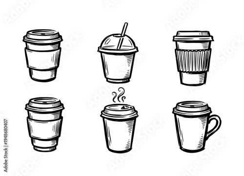 Collection of hand-drawn disposable coffee cups in various styles, perfect for illustrating beverage concepts and cafe culture.
