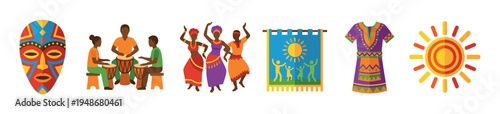 Colorful collection of African culture icons including a tribal mask, drummers, dancers, traditional clothing, and a sun symbol.