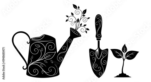 Set of 3 gardening icons vector, black and white