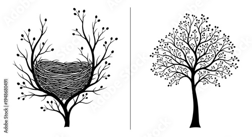 Set of 2 tree icons vector, bird nest
