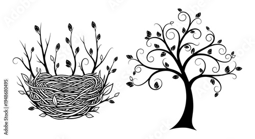 Set of 2 nature icons vector, bird nest and tree