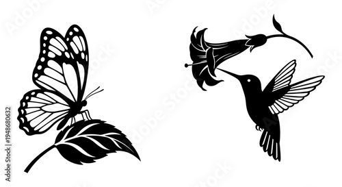 Set of 2 animal icons vector, butterfly and hummingbird