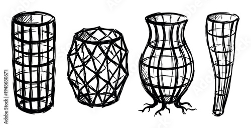 Four hand-drawn plant supports are illustrated in a sketch style, featuring various designs for garden trellises and cages.
