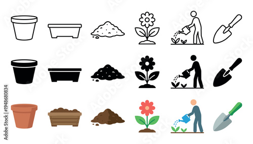 Set of gardening icons depicting various tools and activities like planting flowers, watering plants, and using pots and soil.