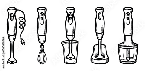 Collection of hand-drawn immersion blenders with different attachments, showcasing kitchen appliances for blending and mixing food.