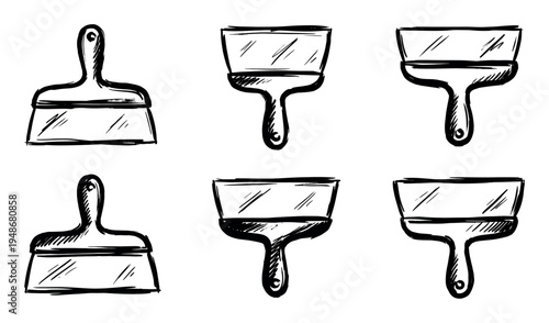 Collection of hand-drawn sketch illustrations depicting various putty knives and spatulas, essential tools for construction and home improvement projects.