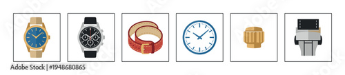 Set of colorful flat design icons featuring various watch components and timekeeping devices, including wristwatches, a strap, a clock face, a crown, and a clasp.