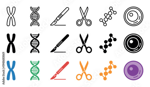 Comprehensive set of biology and medical icons featuring chromosomes, DNA, scalpels, scissors, molecules, and cells in various styles.