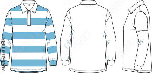 Technical fashion flat sketch of men long sleeve polo shirt featuring horizontal stripes ribbed cuffs classic collar and front button placket detail.