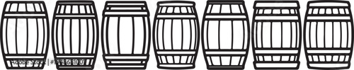 Seven wooden barrels lined up in a row against a plain background. Vector