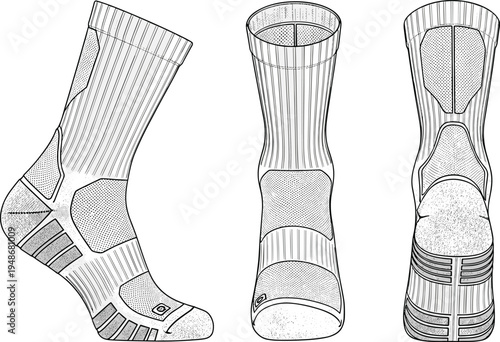 Technical fashion flat sketch of athletic crew socks featuring ribbed cuffs reinforced heels cushioned soles and mesh ventilation panels for performance sportswear.