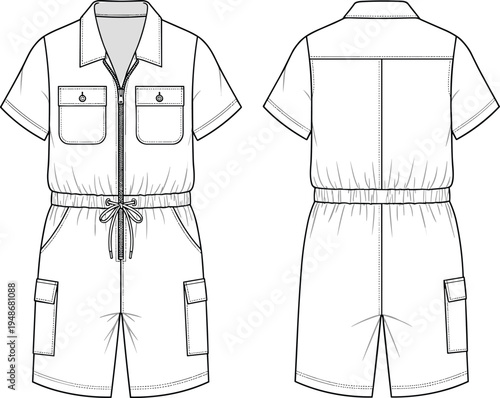 Technical fashion flat sketch of women short sleeve utility romper featuring front zipper closure elastic drawstring waist cargo pockets and classic collar.