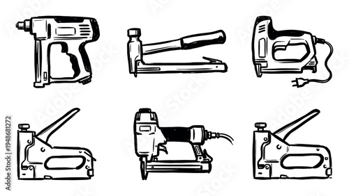 Collection of various stapler tools, including electric, manual, and hammer tackers, depicted in a hand-drawn line art style.
