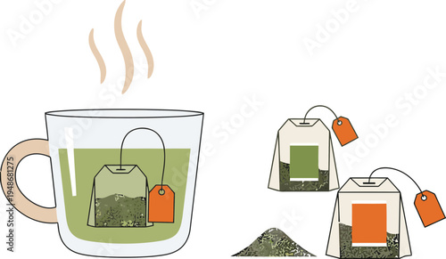 A steaming mug of green tea with tea bags and loose leaf tea