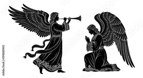 Black silhouette angel illustrations, 2 praying and trumpeting vector icons