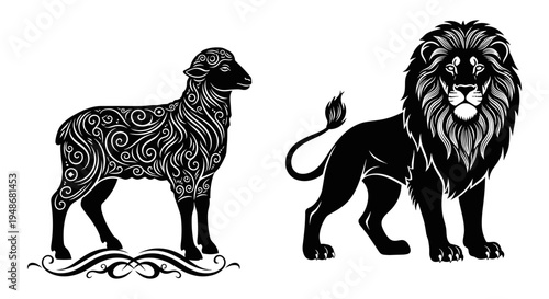 Set of 2 lion illustrations vector