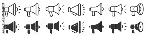 A collection of 10 megaphone icons in various styles and designs for communication and announcement purposes