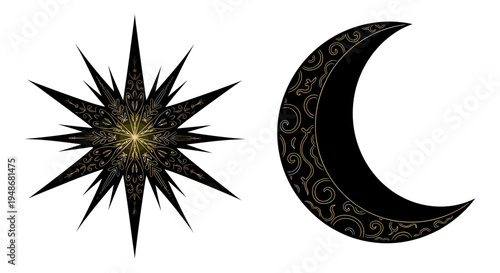 Set of 2 celestial icons vector, star and moon