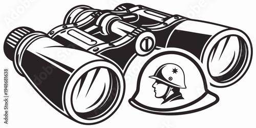 a black and white illustration of binoculars and a hard hat Vector