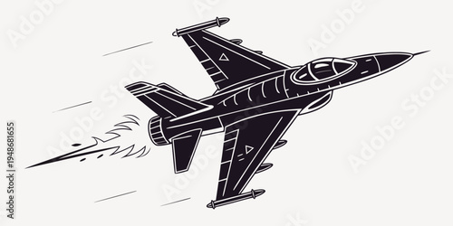 a black and white drawing of a fighter jet flying through the air Vector