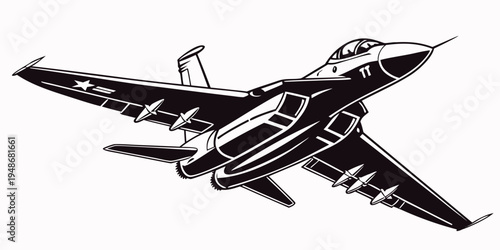 a black and white fighter jet flying through the air Vector