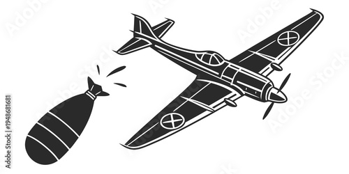 a black and white drawing of a plane dropping a bomb Vector