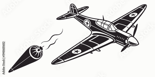 a black and white drawing of a plane dropping a bomb Vector