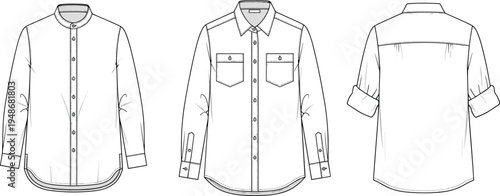 men, button, shirt, long, sleeve, casual, fashion, clothing, apparel, garment, pocket, front, back, view, template, mockup, illustration, style, design, classic