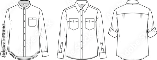 men, shirt, long, sleeve, button, casual, fashion, clothing, apparel, garment, front, back, view, pocket, template, mockup, illustration, style, design, classic