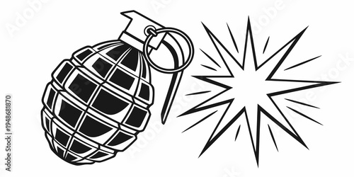 a black and white drawing of a grenade with explosion Vector