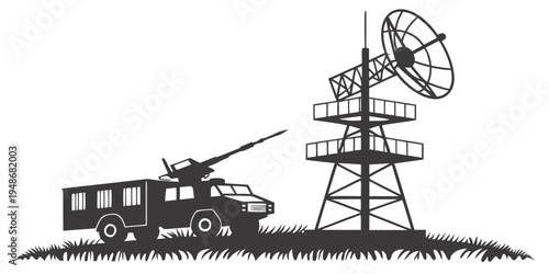 a truck with a satellite dish on a tower Vector