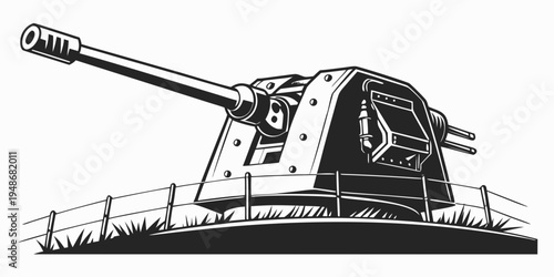 a large gun turret sitting on a grassy hill Vector