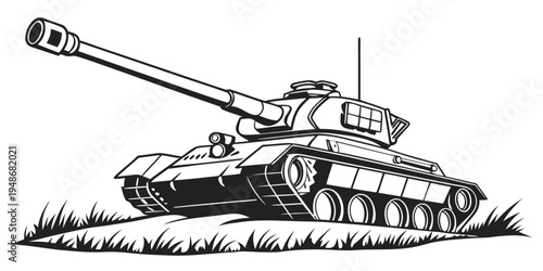 a black and white drawing of a tank on grass Vector
