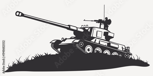 a black silhouette of a tank on a grassy hill Vector