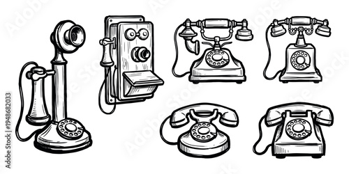 Collection of vintage rotary telephones and antique wall-mounted communication devices in a classic sketch style.