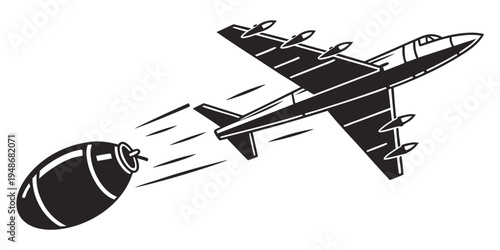 a black and white drawing of a bomber plane dropping a bomb Vector