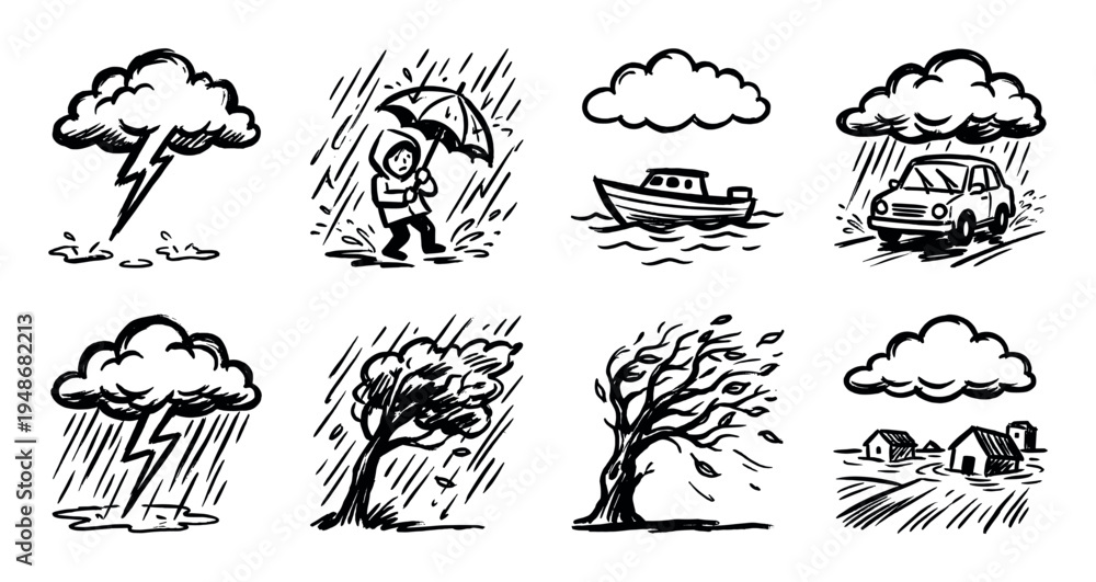 Obraz premium Eight hand-drawn illustrations show different weather phenomena including lightning, rain, wind, and flooding.
