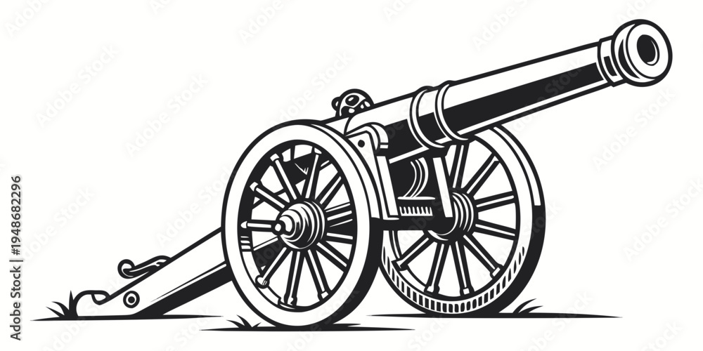 Fototapeta premium a black and white drawing of a cannon on wheels Vector