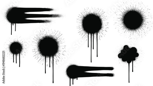 Dynamic black ink splatters with drips and radiating edges for creative and artistic designsDynamic black ink splatters with drips and radiating edges for creative and artistic designs