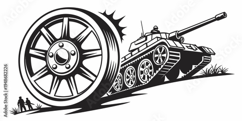 a black and white drawing of a tank with a wheel Vector