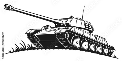 a tank with a long gun barrel on a grassy hill Vector