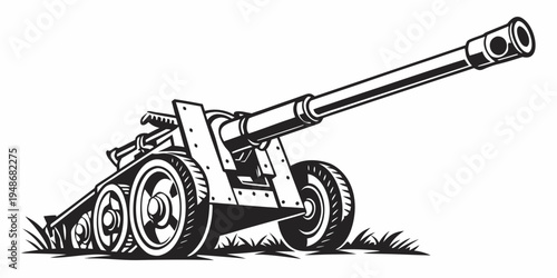a large military cannon with wheels on a grassy field Vector
