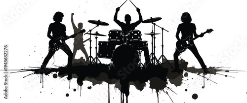 Rock band silhouette with guitarist and drummer performing on stage, grunge splatter background, energetic music concert vector illustration isolated on white