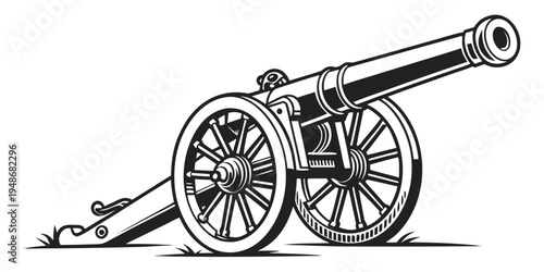 a black and white drawing of a cannon on wheels Vector