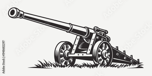 a black and white drawing of a cannon on a grassy field Vector