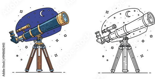 Vector illustration of an astronomical telescope on a tripod with a starry night sky background. Available in vibrant flat color and black and white line art styles.