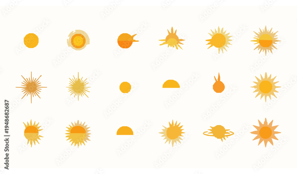 Obraz premium Modern flat sun icon set with bright sunshine weather symbols isolated on white background vector collection