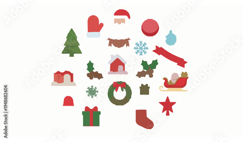 Modern solid Christmas icon collection with santa tree wreath sleigh snowflake and festive decorations isolated on white