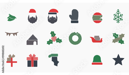 Solid Christmas icon set with tree santa sleigh wreath snowflake and holiday decoration symbols isolated on white background